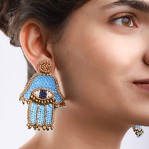 Handcrafted Turquoise Seed Beaded Hamsa Design Earrings in Goldtone