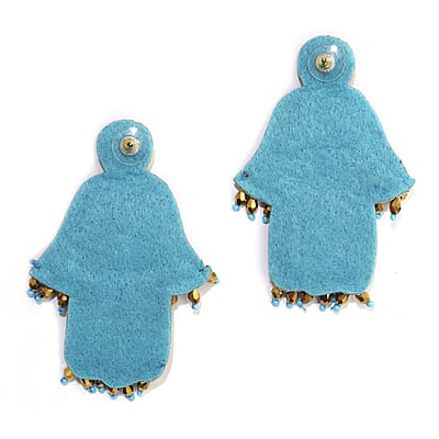 Handcrafted Turquoise Seed Beaded Hamsa Design Earrings in Goldtone