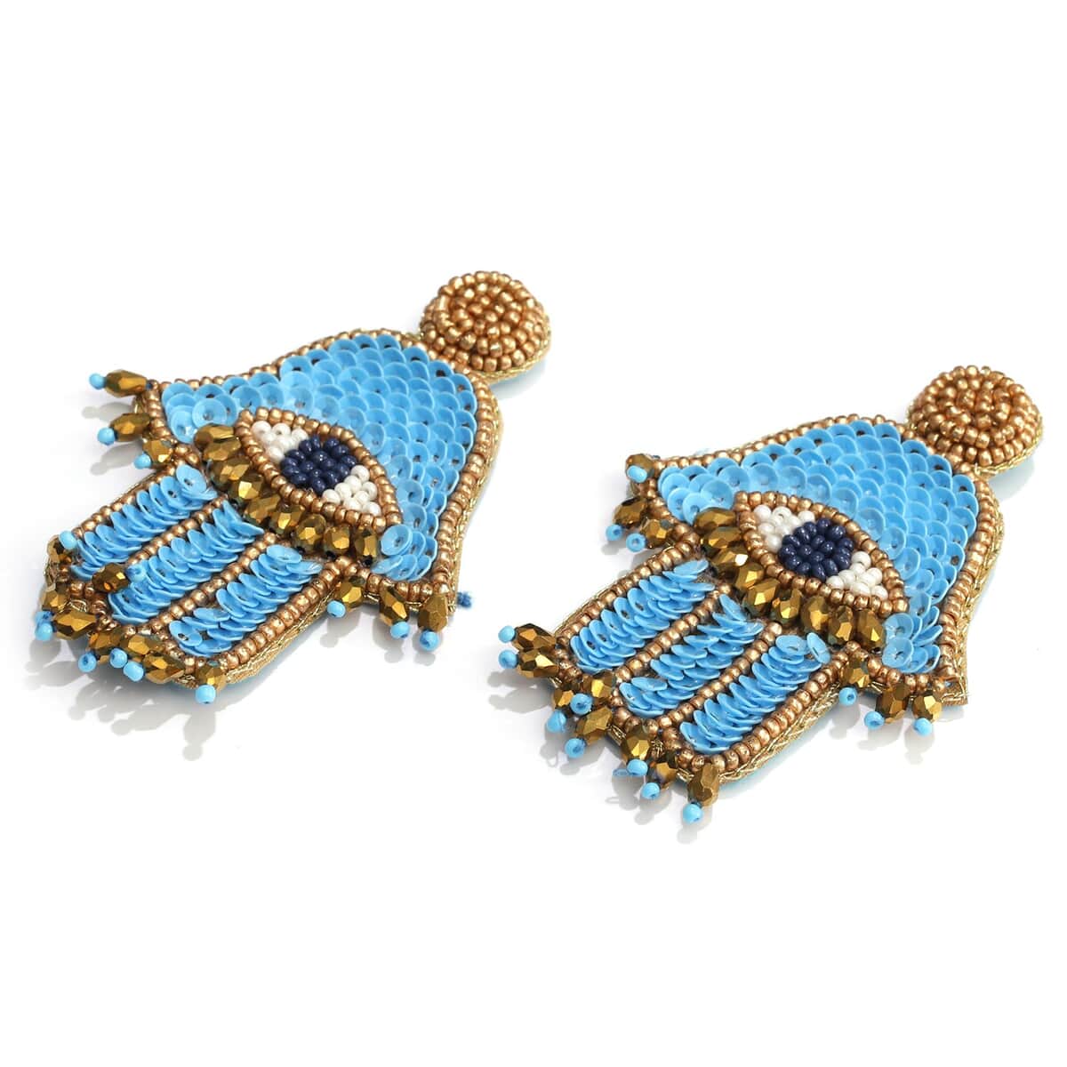 Handcrafted Turquoise Seed Beaded Hamsa Design Earrings in Goldtone image number 4