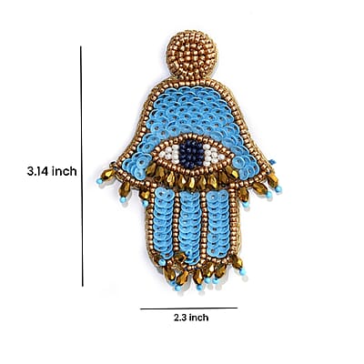 Handcrafted Turquoise Seed Beaded Hamsa Design Earrings in Goldtone