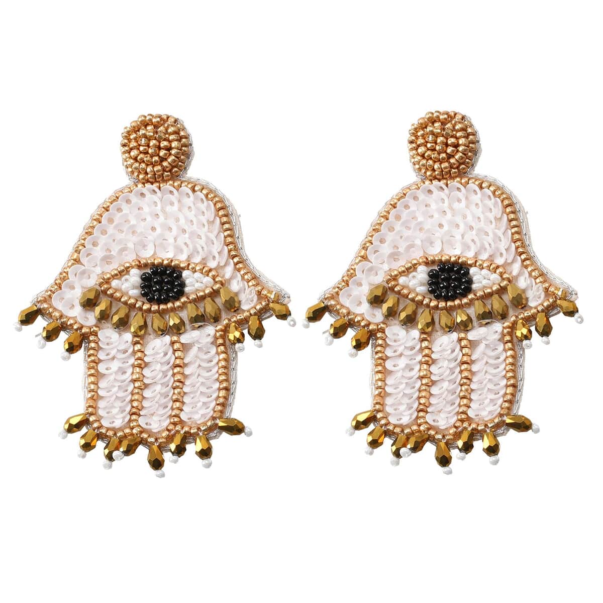 Handcrafted White Seed Beaded Hamsa Design Earrings in Goldtone image number 0