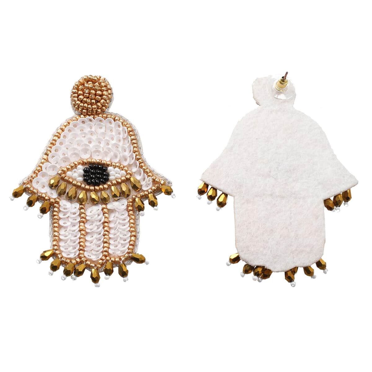 Handcrafted White Seed Beaded Hamsa Design Earrings in Goldtone image number 3