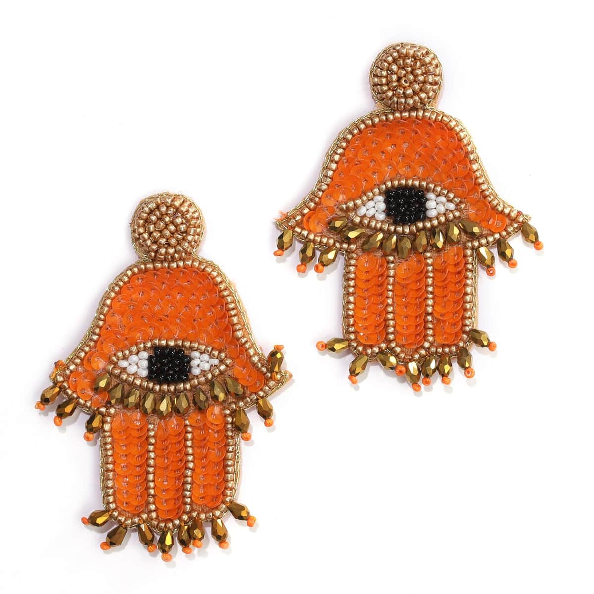 Handcrafted Orange Seed Beaded Hamsa Design Earrings in Goldtone image number 0