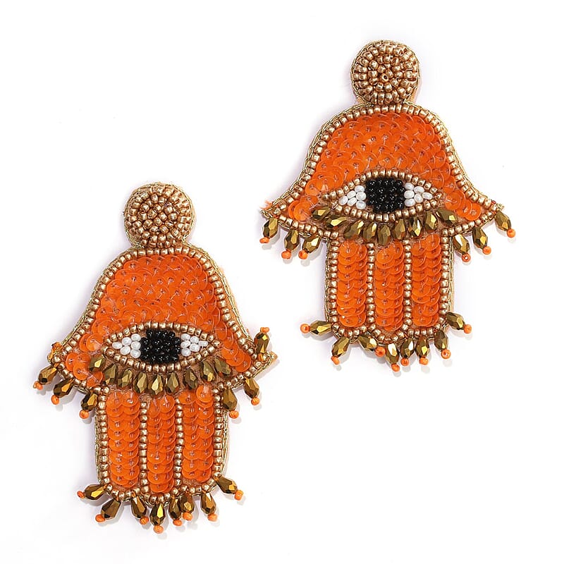 Handcrafted Orange Seed Beaded Hamsa Design Earrings in Goldtone