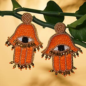 Handcrafted Orange Seed Beaded Hamsa Design Earrings in Goldtone