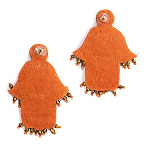 Handcrafted Orange Seed Beaded Hamsa Design Earrings in Goldtone