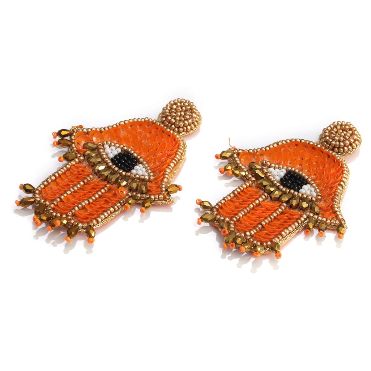 Handcrafted Orange Seed Beaded Hamsa Design Earrings in Goldtone image number 4