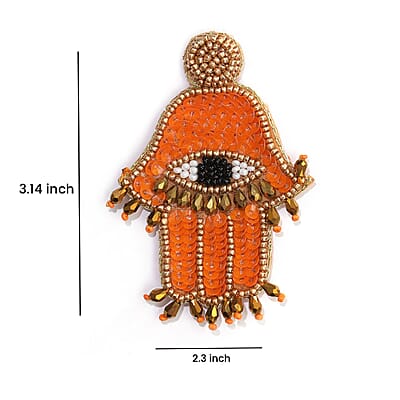 Handcrafted Orange Seed Beaded Hamsa Design Earrings in Goldtone