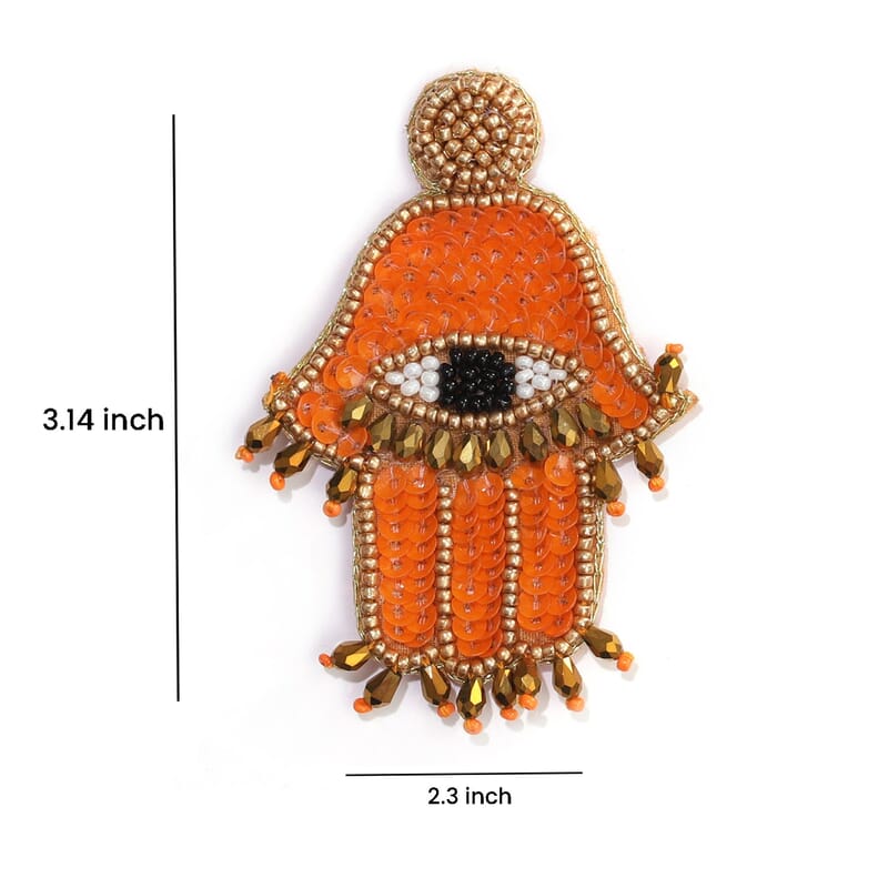Handcrafted Orange Seed Beaded Hamsa Design Earrings in Goldtone