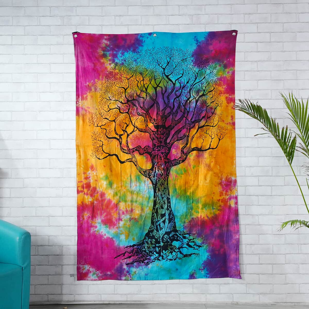 Multi Color Cotton Tree of Life Screen Printed Tie Dye Tapestry Wall Hanging image number 1