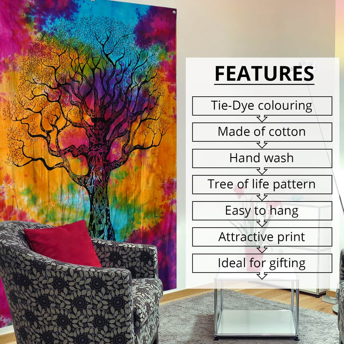 Multi Color Cotton Tree of Life Screen Printed Tie Dye Tapestry Wall Hanging image number 2