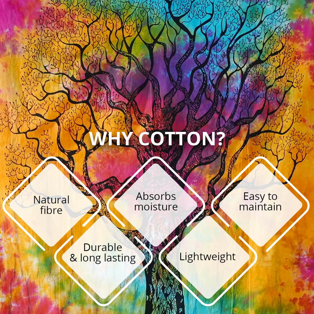 Multi Color Cotton Tree of Life Screen Printed Tie Dye Tapestry Wall Hanging image number 3