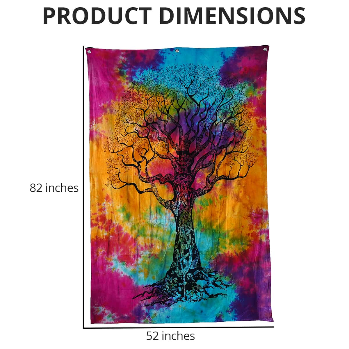 Multi Color Cotton Tree of Life Screen Printed Tie Dye Tapestry Wall Hanging image number 4