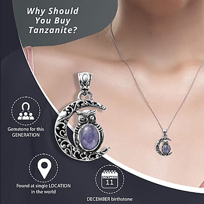 Artisan Crafted Tanzanite Pendant, Owl Pendant, Crescent Moon Pendant