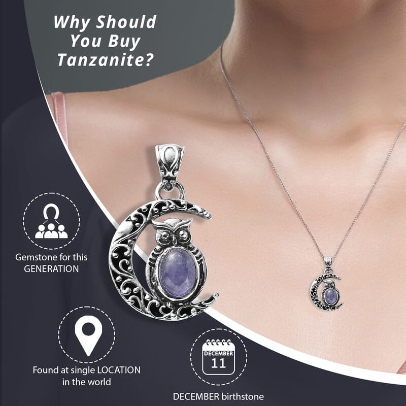 Artisan Crafted Tanzanite Pendant, Owl Pendant, Crescent Moon Pendant