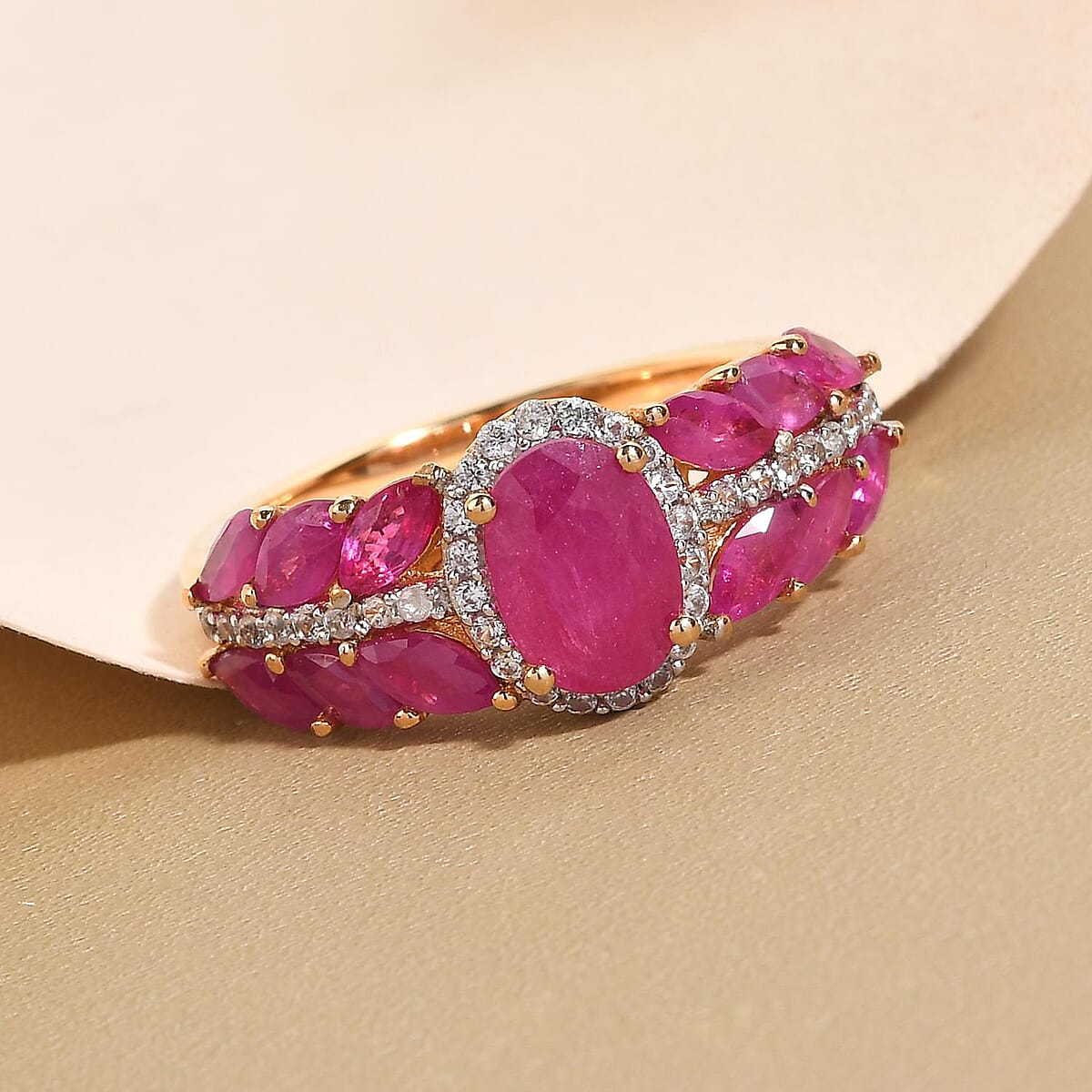 Premium Mozambique Ruby, Natural White Zircon Ring in Vermeil YG Over Sterling Silver (Size 10.0) 2.35 ctw image number 1