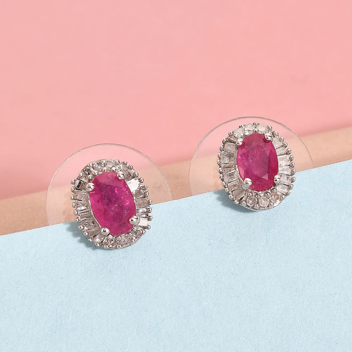 Premium Mozambique Ruby and Diamond Halo Stud Earrings in Platinum Over Sterling Silver 1.50 ctw image number 1