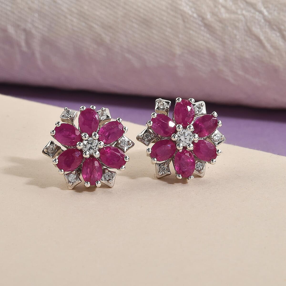Premium Mozambique Ruby and Natural White Zircon Floral Earrings in Platinum Over Sterling Silver 2.85 ctw image number 1