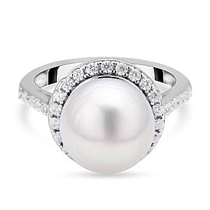 White South Sea Pearl and White Zircon 11.32 ctw Fancy Ring in Rhodium Over Sterling Silver (Size 10)