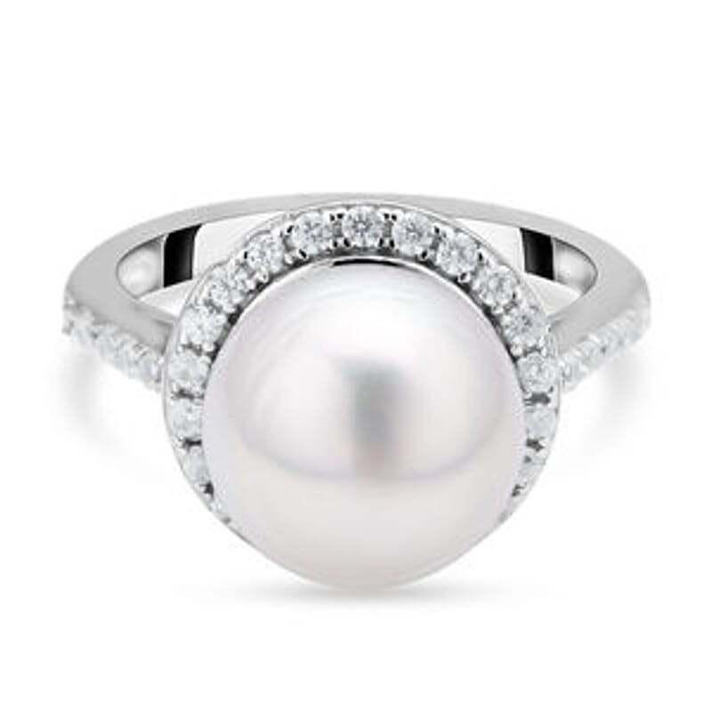 White South Sea Pearl and White Zircon 11.32 ctw Fancy Ring in Rhodium Over Sterling Silver (Size 10)