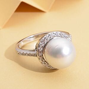 White South Sea Pearl and White Zircon 11.32 ctw Fancy Ring in Rhodium Over Sterling Silver (Size 10)
