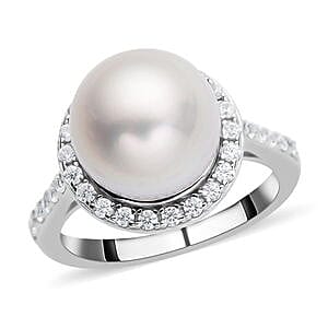 White South Sea Pearl and White Zircon 11.32 ctw Fancy Ring in Rhodium Over Sterling Silver (Size 10)
