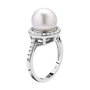 White South Sea Pearl and White Zircon 11.32 ctw Fancy Ring in Rhodium Over Sterling Silver (Size 10)