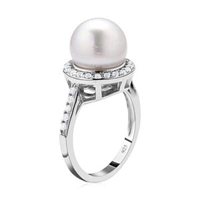 White South Sea Pearl and White Zircon 11.32 ctw Fancy Ring in Rhodium Over Sterling Silver (Size 10)