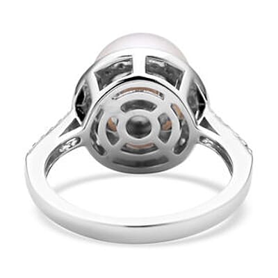 White South Sea Pearl and White Zircon 11.32 ctw Fancy Ring in Rhodium Over Sterling Silver (Size 10)
