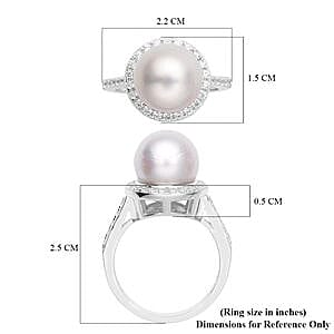 White South Sea Pearl and White Zircon 11.32 ctw Fancy Ring in Rhodium Over Sterling Silver (Size 10)