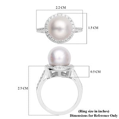 White South Sea Pearl and White Zircon 11.32 ctw Fancy Ring in Rhodium Over Sterling Silver (Size 10)