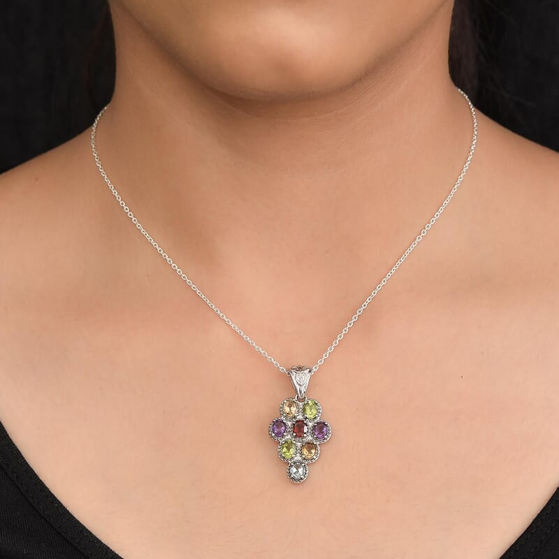 Multi Gemstone Pendant without Chain in Stainless Steel 3.00 ctw