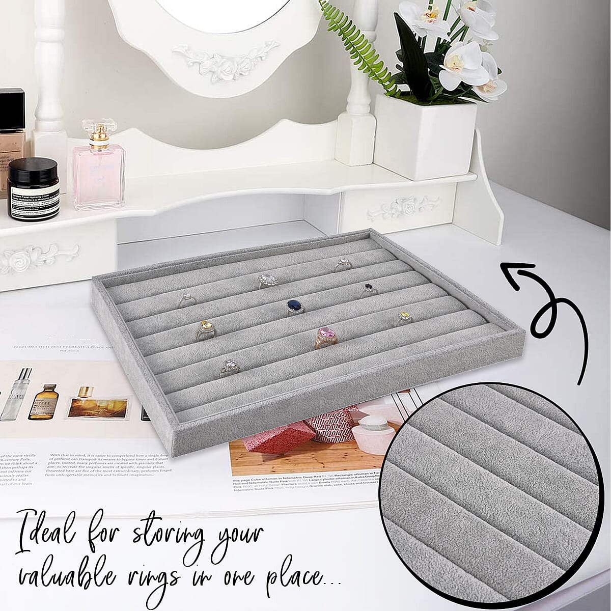 Grey Ice Velvet 7 Rows Ring Tray 13.8"x9.4"x1.2" image number 1