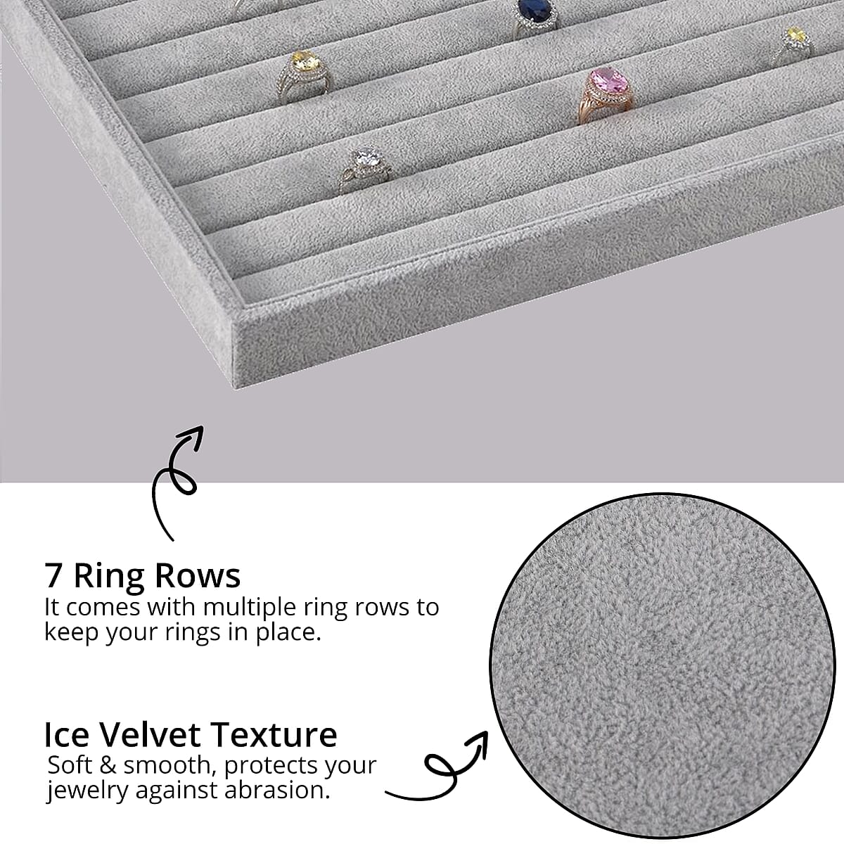 Grey Ice Velvet 7 Rows Ring Tray 13.8"x9.4"x1.2" image number 2