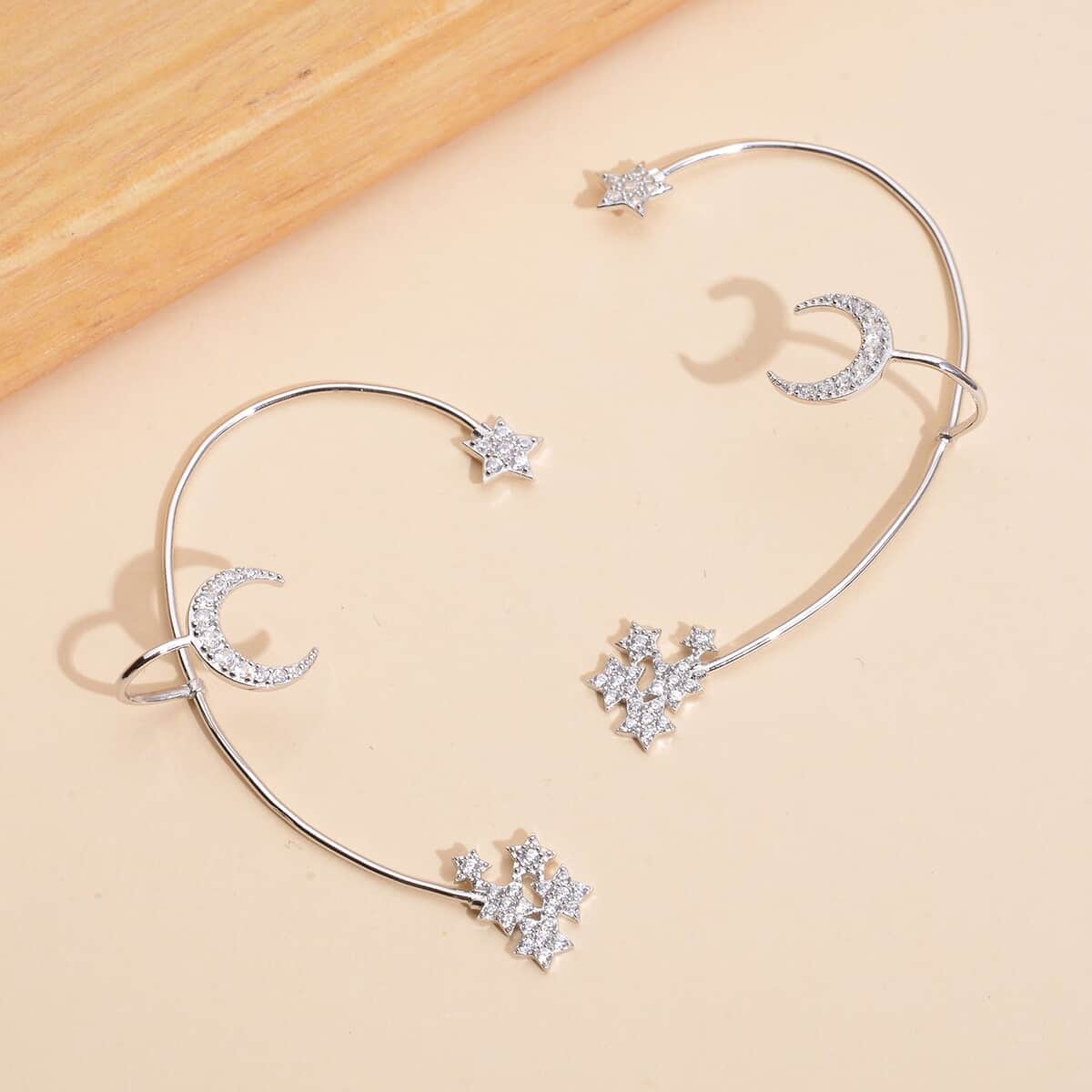Simulated Diamond Celestial Moon & Star Ear Climbers in Rhodium Over Sterling Silver 1.35 ctw image number 1