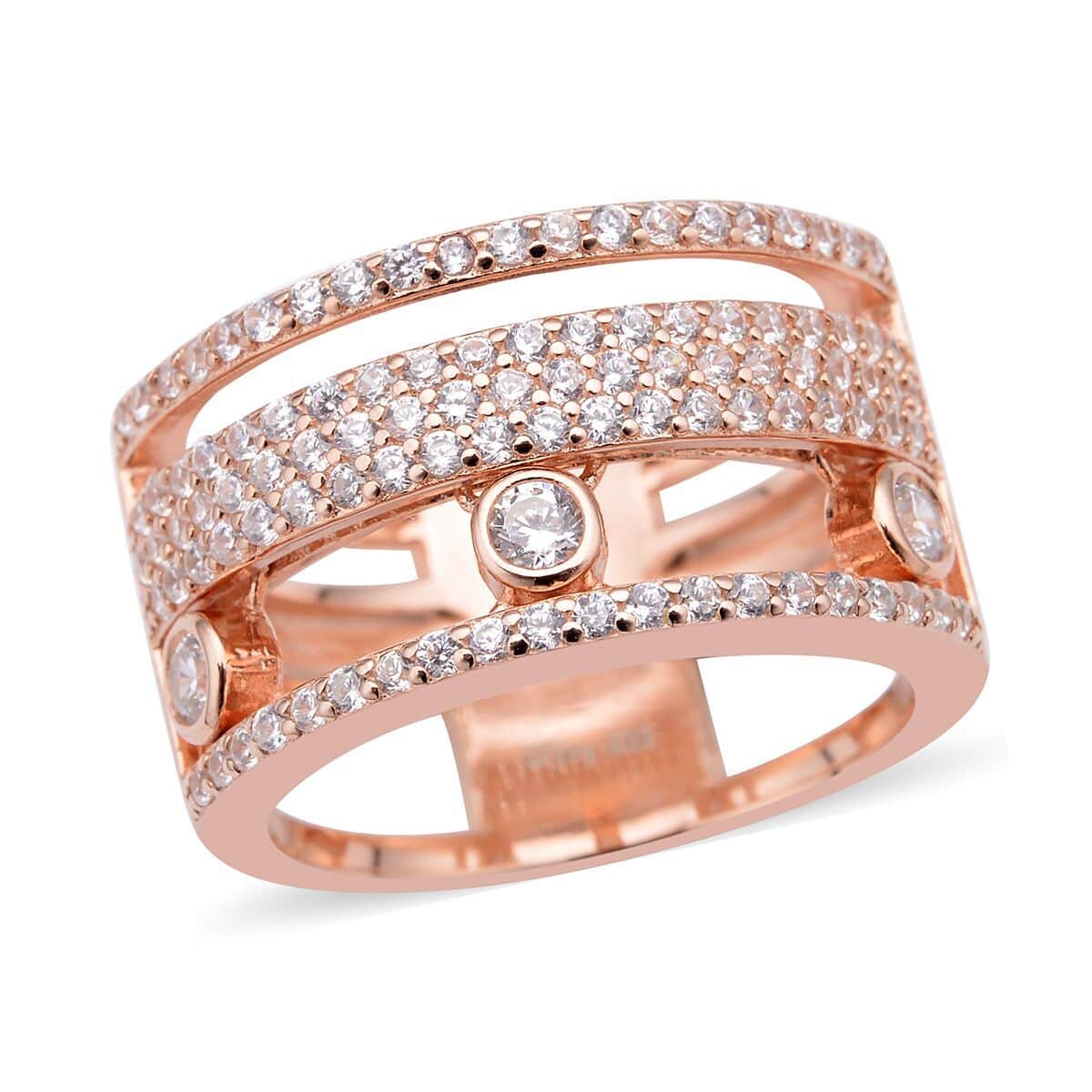 Sliding Simulated Diamond 3 Row Band Ring in 14K Rose Gold Over Sterling Silver (Size 7.0) 1.60 ctw image number 0