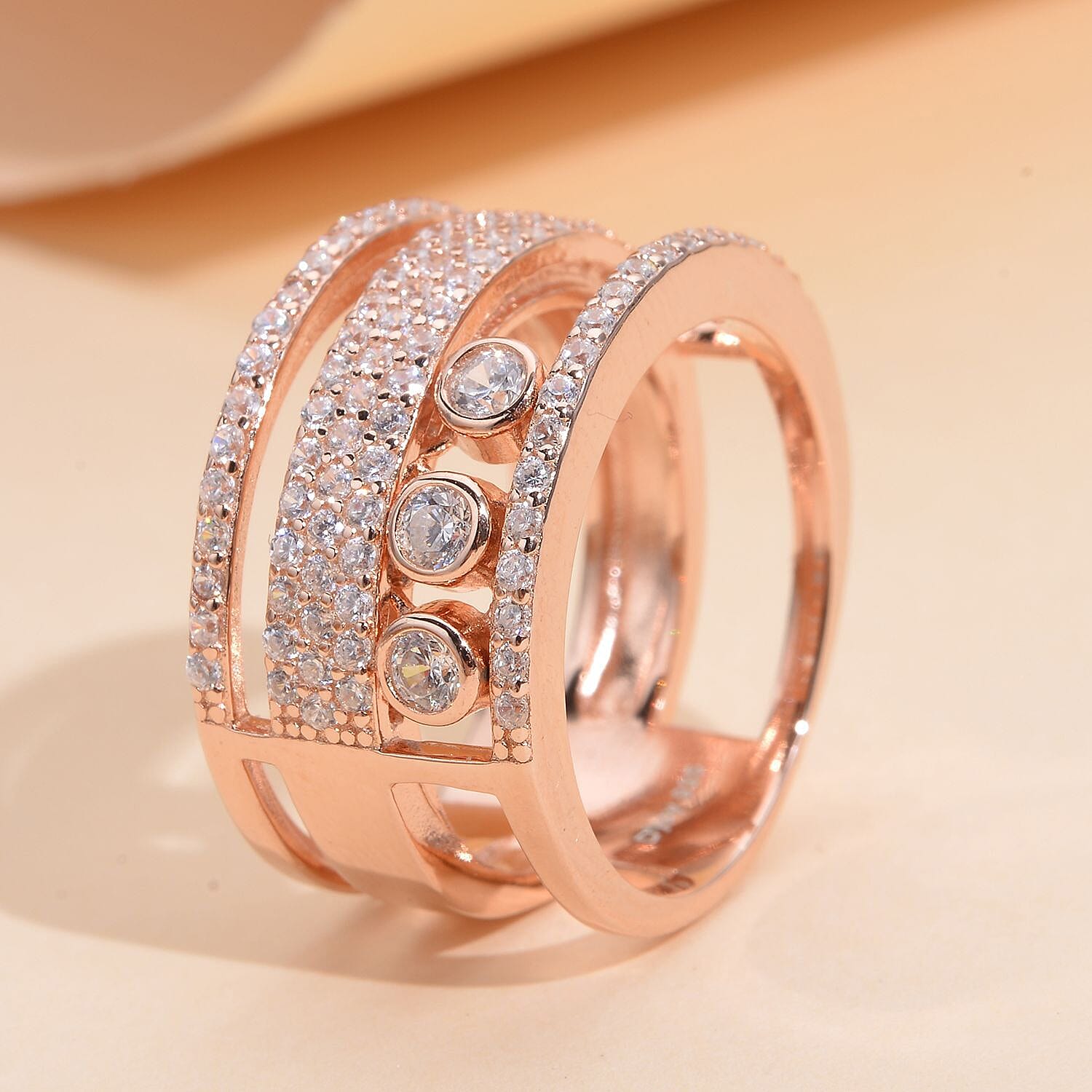 Sliding Simulated Diamond 3 Row Band Ring in 14K Rose Gold Over Sterling Silver (Size 7.0) 1.60 ctw