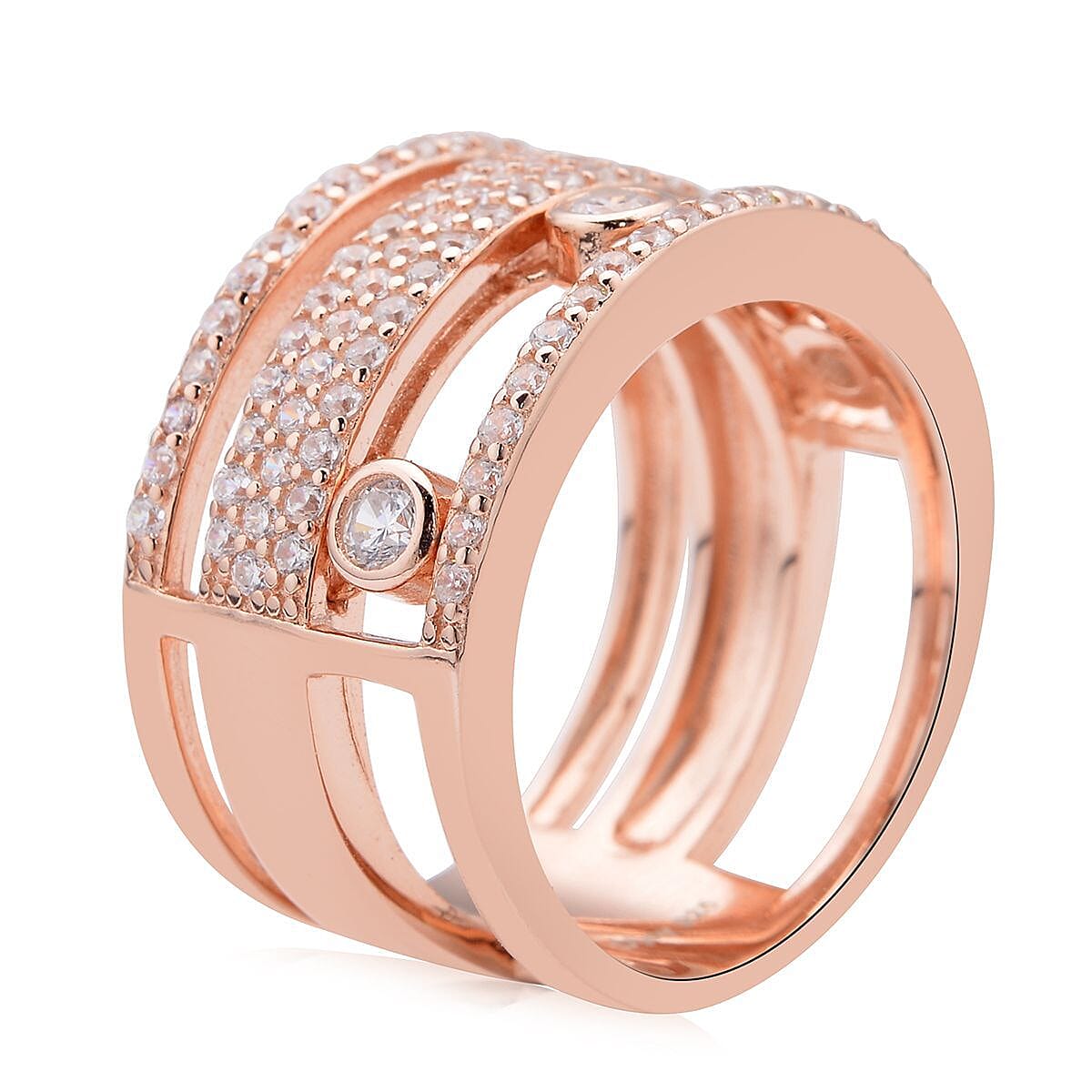 Sliding Simulated Diamond 3 Row Band Ring in 14K Rose Gold Over Sterling Silver (Size 7.0) 1.60 ctw