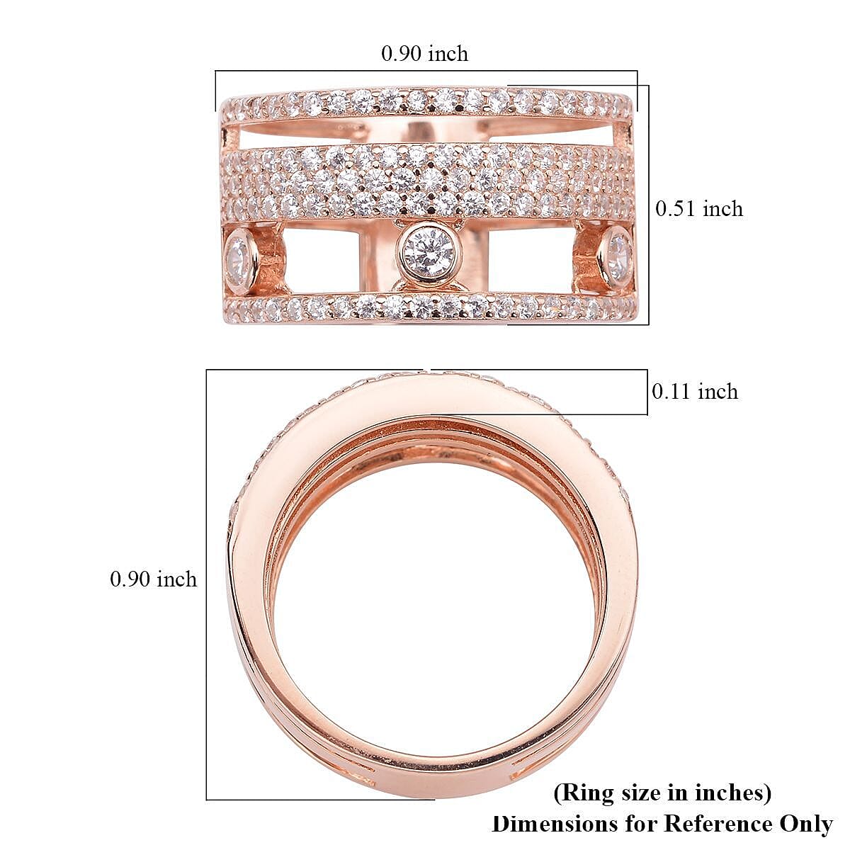 Sliding Simulated Diamond 3 Row Band Ring in 14K Rose Gold Over Sterling Silver (Size 7.0) 1.60 ctw