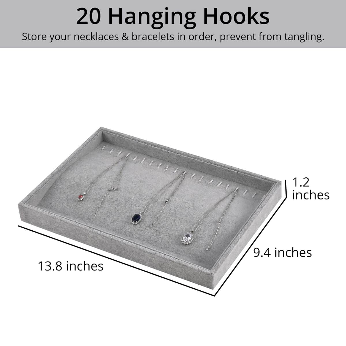 Gray Ice Velvet 20 Hooks Necklace Tray (13.8"x9.4"x1.2") image number 3