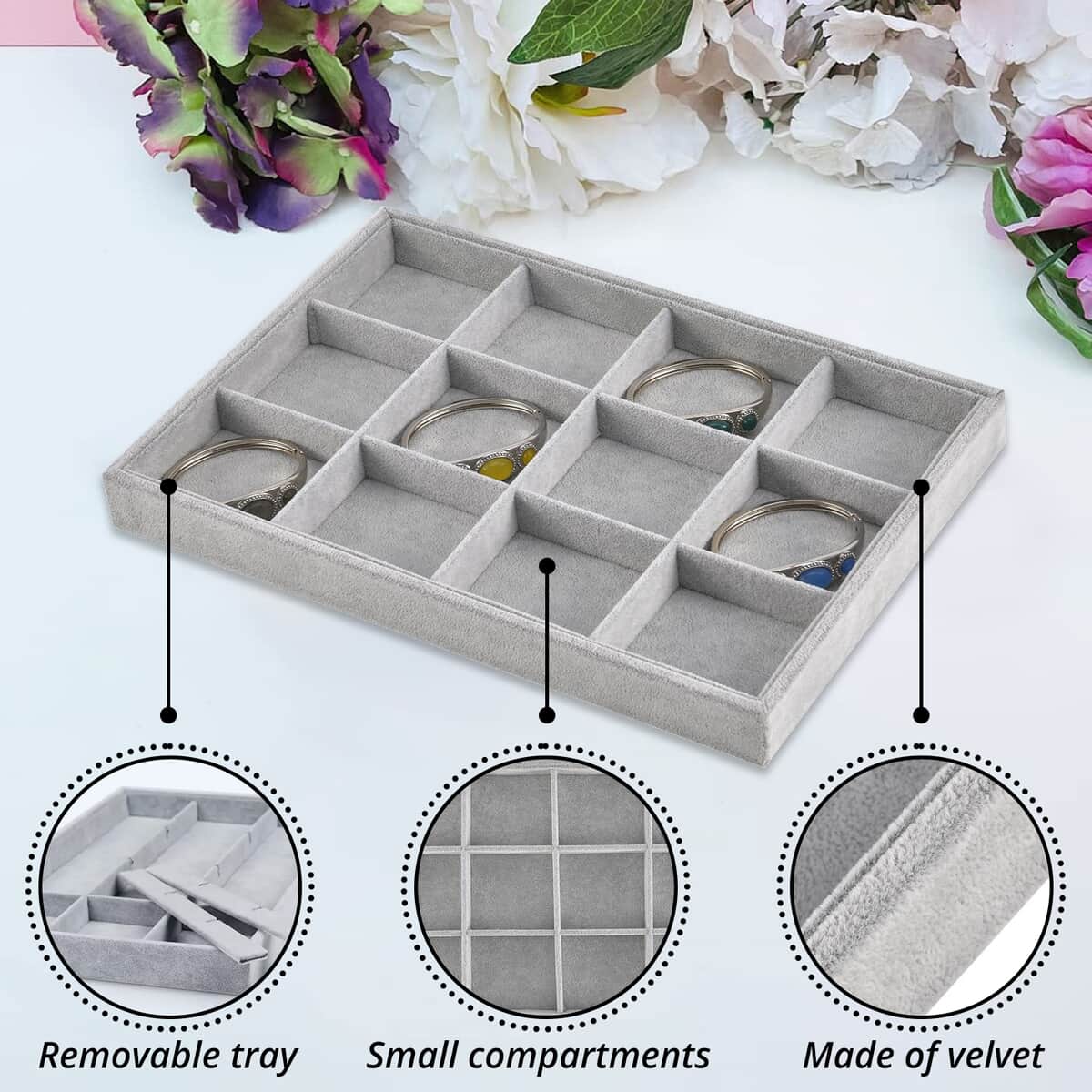 Gray Ice Velvet Removeable 12 Section Jewelry Tray (13.8"x9.4"x1.2") image number 2