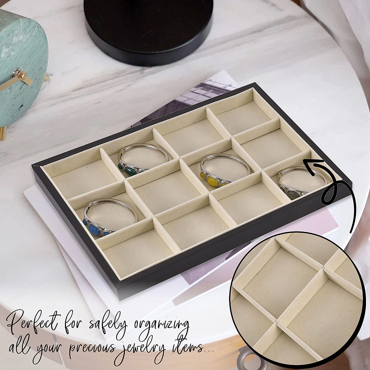 Cream Velvet Removeable 12 Section Tray with Rosewood Frame image number 1