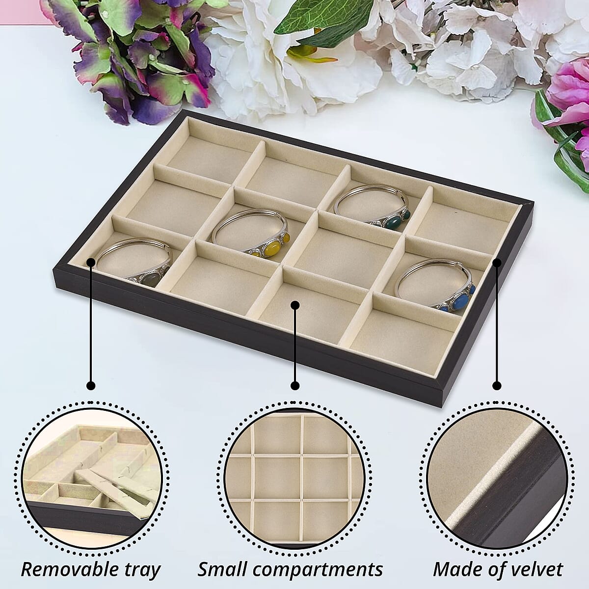 Cream Velvet Removeable 12 Section Tray with Rosewood Frame image number 2