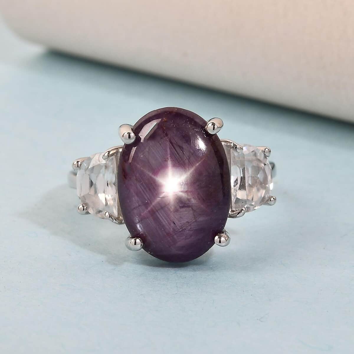 Indian Star Ruby and Natural White Zircon Ring in Platinum Over Sterling Silver 12.25 ctw image number 1