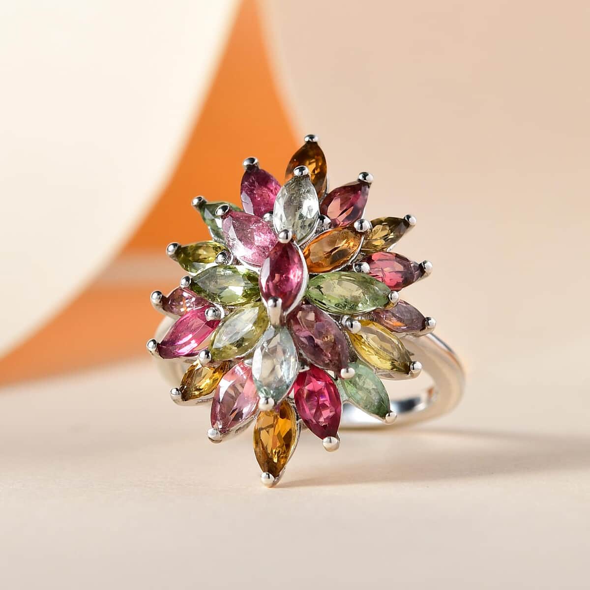 Multi-Tourmaline Floral Spray Ring in Platinum Over Sterling Silver (Size 10.0) 3.00 ctw image number 1