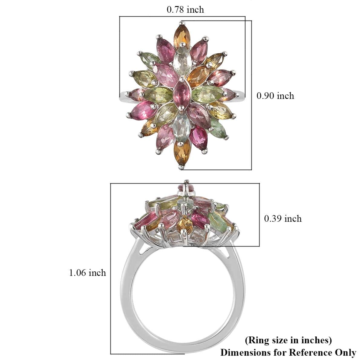 Multi-Tourmaline Floral Spray Ring in Platinum Over Sterling Silver (Size 10.0) 3.00 ctw image number 5