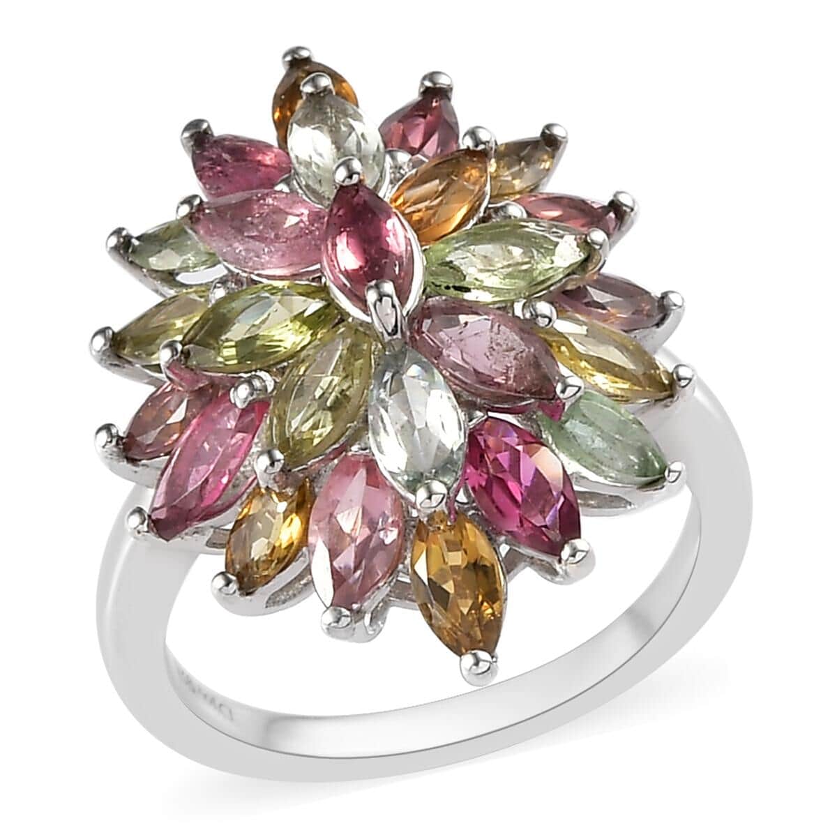 Multi-Tourmaline Floral Spray Ring in Platinum Over Sterling Silver (Size 6.0) 3.00 ctw image number 0