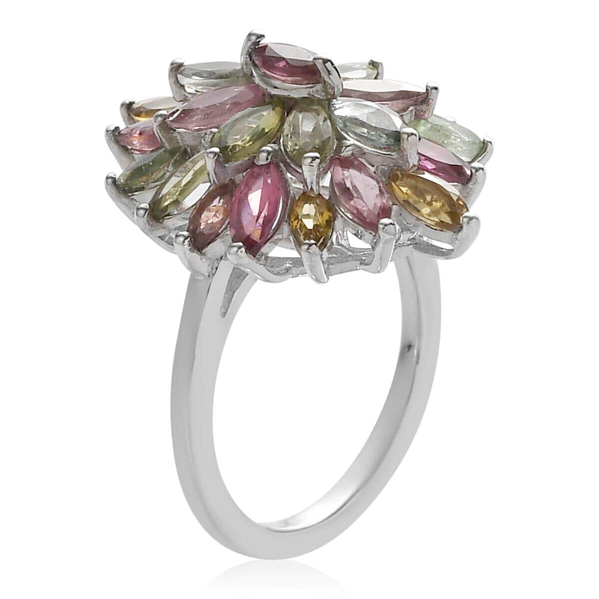 Multi-Tourmaline Floral Spray Ring in Platinum Over Sterling Silver (Size 6.0) 3.00 ctw image number 3