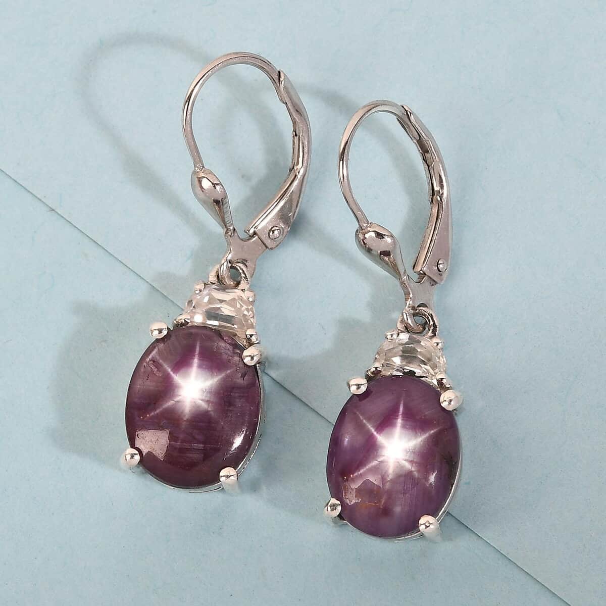 Indian Star Ruby and Natural White Zircon Lever Back Earrings in Platinum Over Sterling Silver 13.90 ctw image number 1