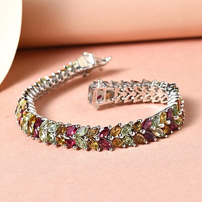 Multi-Tourmaline Double-Row Bracelet in Platinum Over Sterling Silver (6.50 In) 13.50 ctw